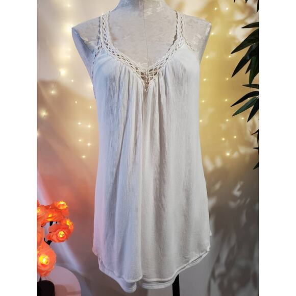 Lulu's Tops - Lulu's Gauzy Racerback Crochet Semi Hi-Low Lined White Tunic Tank Women's S